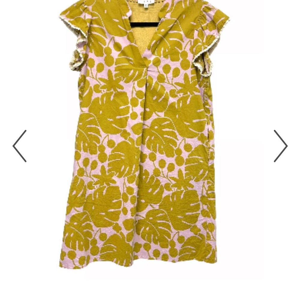 THML Floral Palm Print Flutter Sleeve Cotton Shift Dress Green Pink